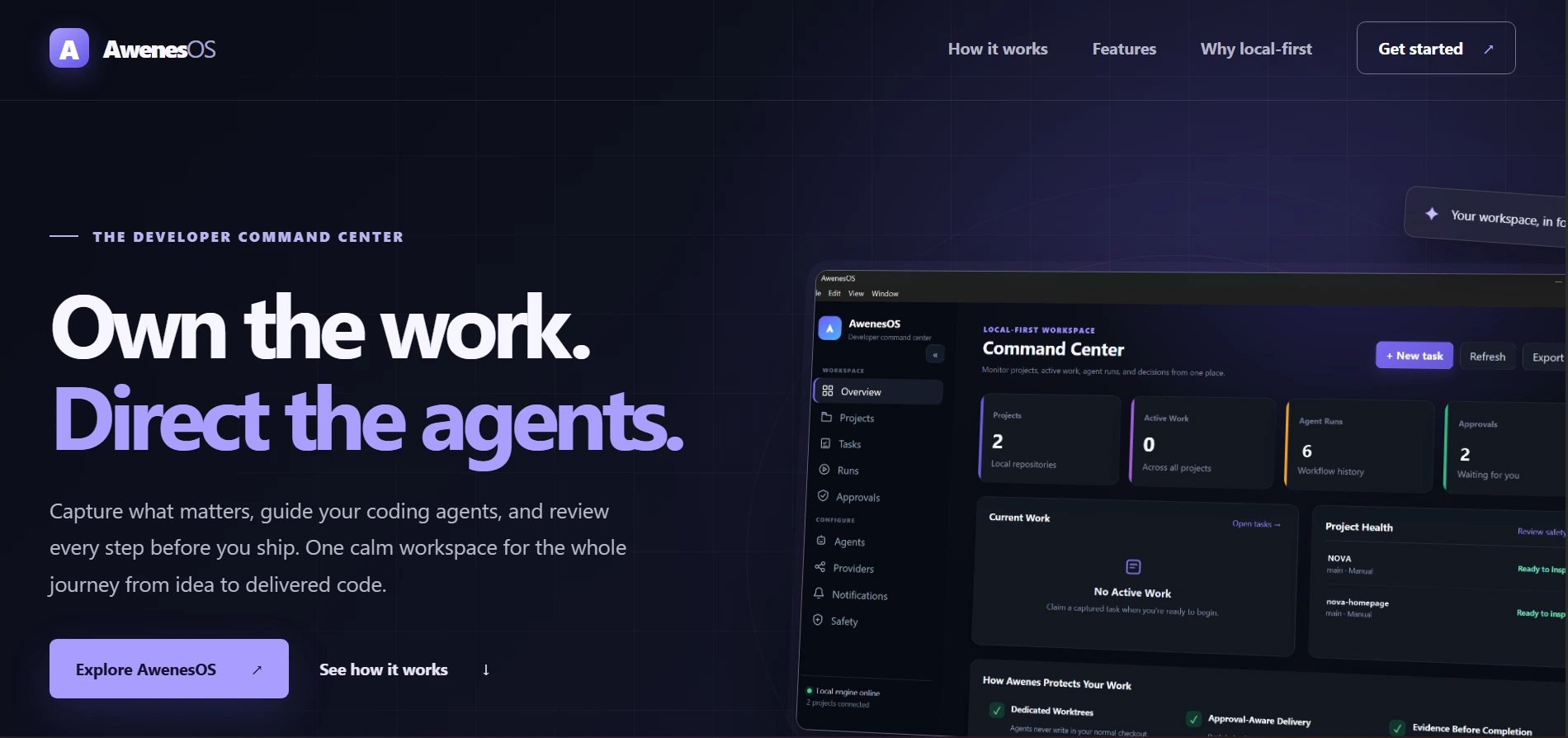 AwenesOS desktop app showing agent tasks organised across projects, each waiting on the developer’s review.