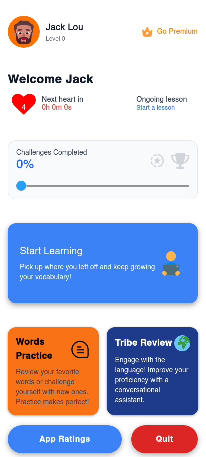 Lulu mobile home screen showing lesson progress, word practice, and conversational review actions.