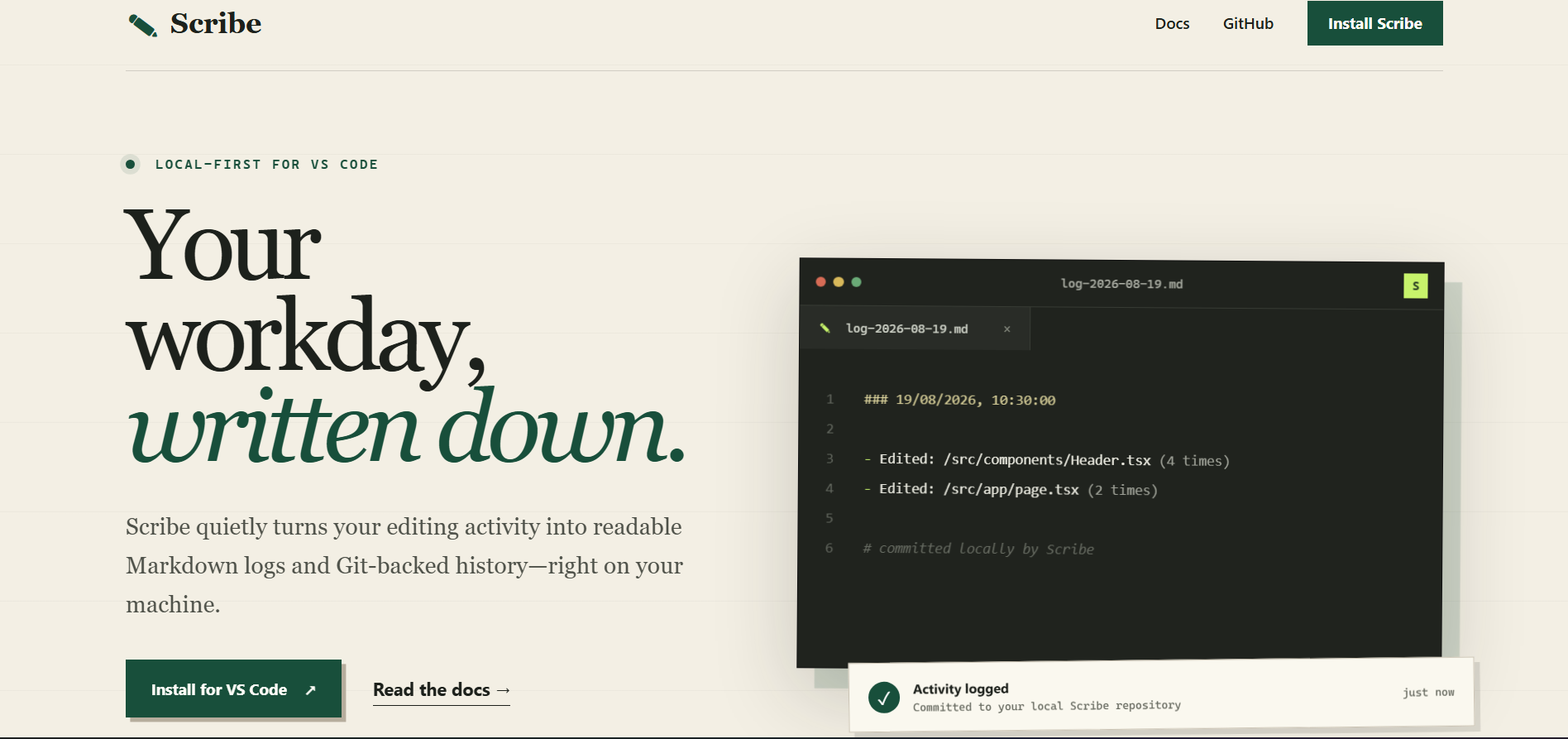 Scribe website showing its local-first activity journal and an example Git-backed work log.