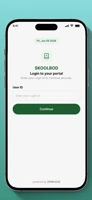 Skoolbod Mobile login screen with a secure user ID entry flow.