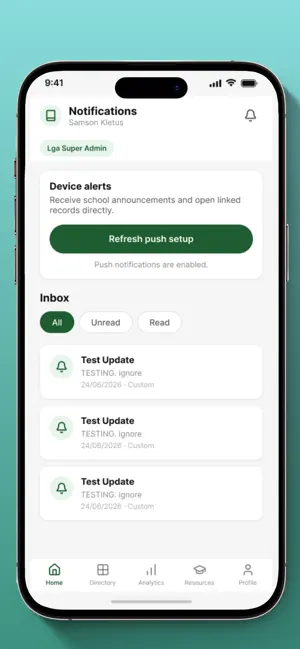 Skoolbod Mobile notifications screen with device-alert status and a school-message inbox.