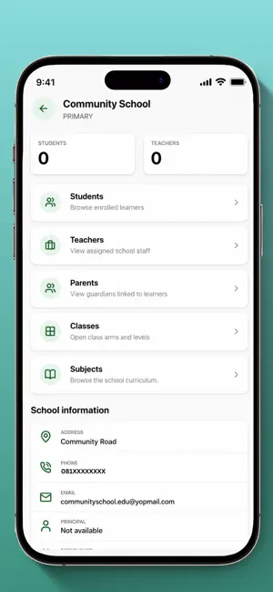 Skoolbod Mobile school page with student, teacher, parent, class, and subject directories.
